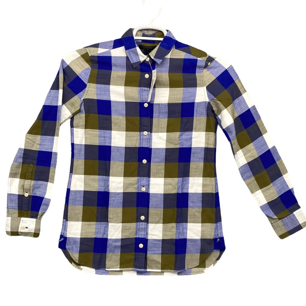 NWT J Crew Women's Plaid Button-Down Shirt Long Sleeve Top Blue‎ Olive White 00